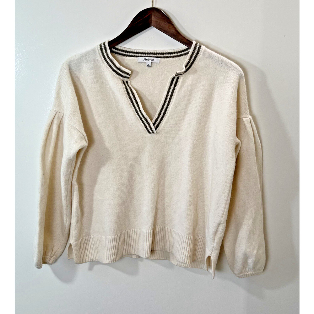 Madewell Women's Wool Blend Sweater Size S Cream Green Varsity Tenniscore Preppy
